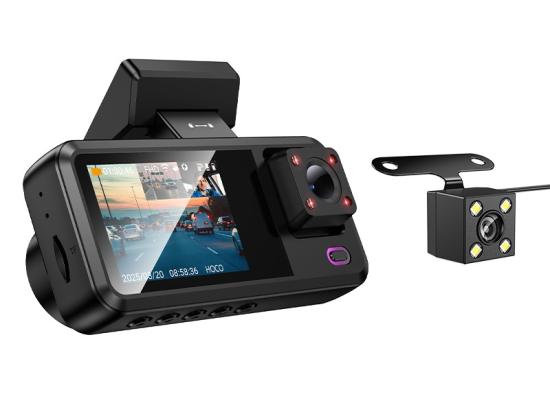 HOCO DV15 Car Dash Camera with Front and Back 720P Video Recorder, 2-inch IPS HD Screen, Three Lens Type, Ultra Wide-Angle Lens, HD Night Vision Loop Recording and Sound Recording - Black